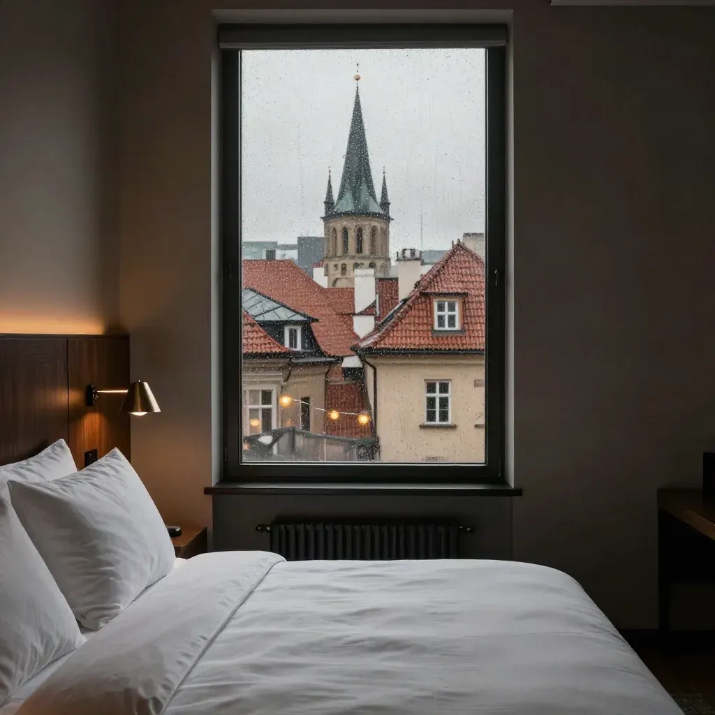 Regnigt hotellrum i Prag med vita lakan, stort fönster och röda tak i kvällsljus