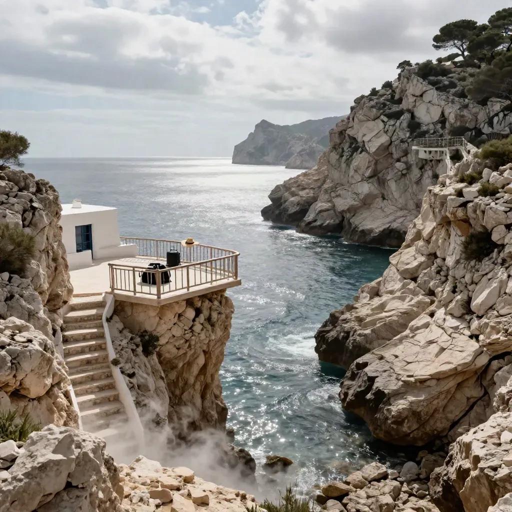 Klippterrass på Mallorca ovanför en silverblå vik med hatt och resväska.