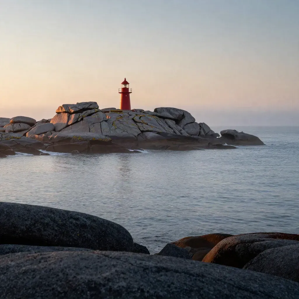 Röd fyr på Bohusläns granitklippor över stilla hav och dimma i kvällsljus