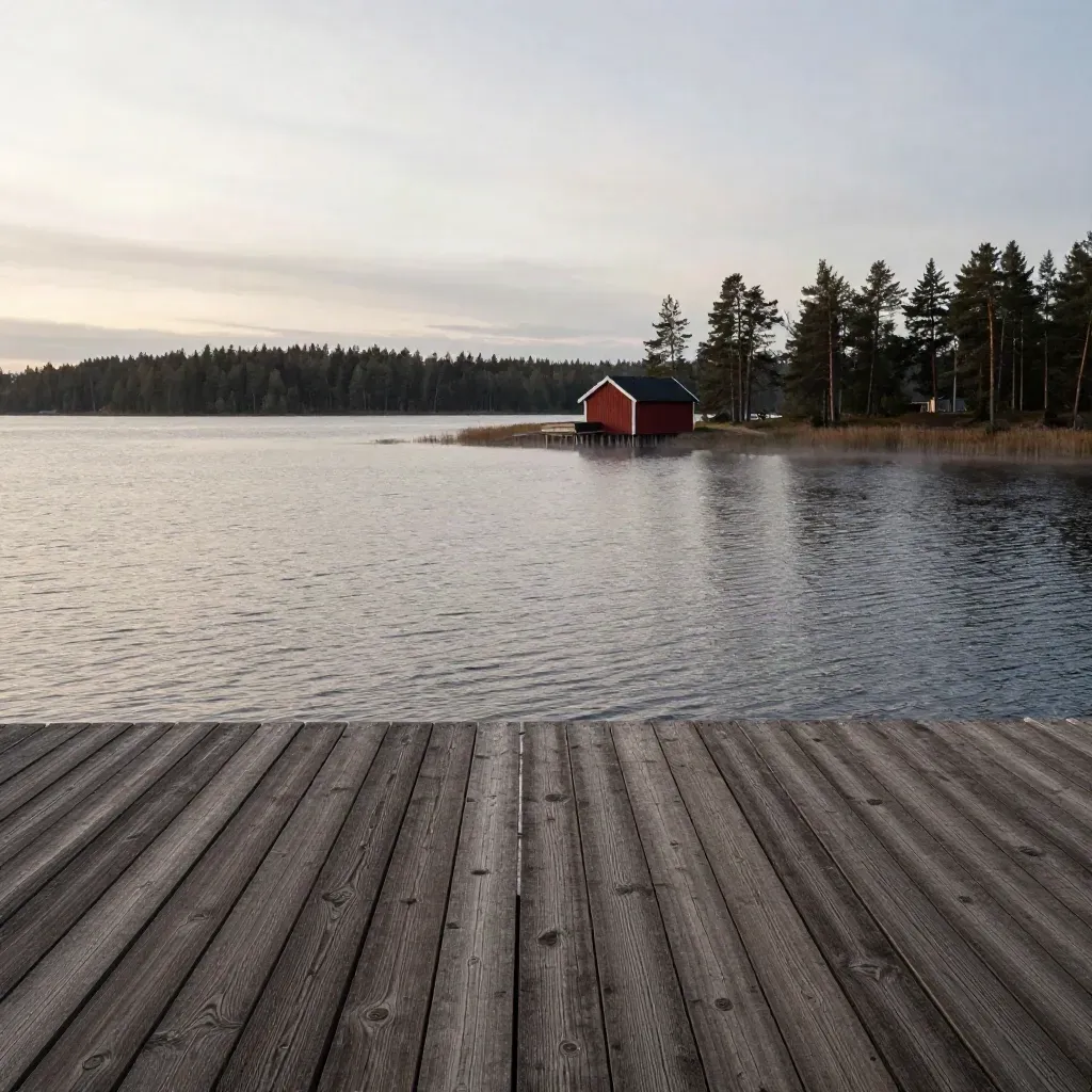 Röd sjöbod vid tallstrand och stilla sjö med lugn yta för rubrik.